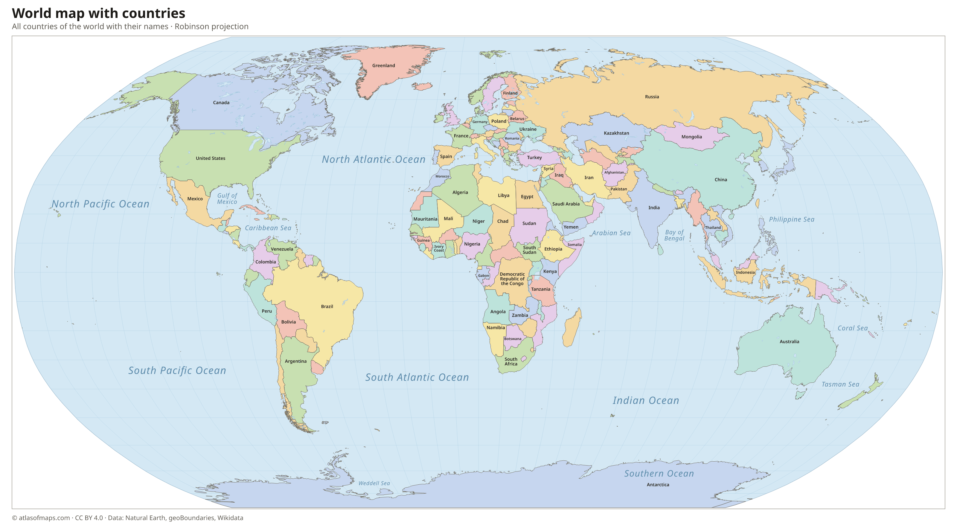 Political world map with the names of all countries